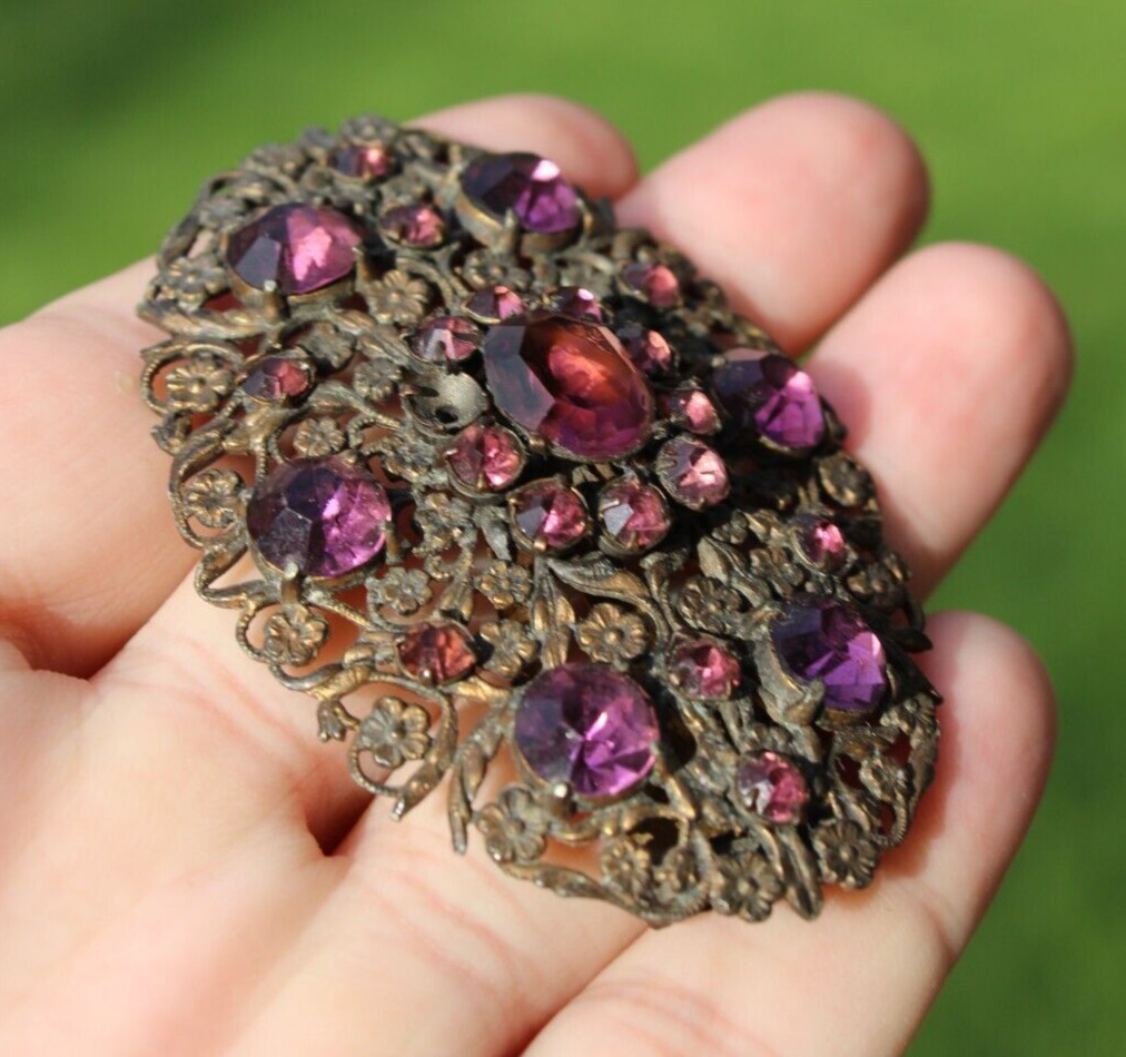 antique VICTORIAN late 1800's PENDANT shoe clip amethyst brass ESTATE SALE!