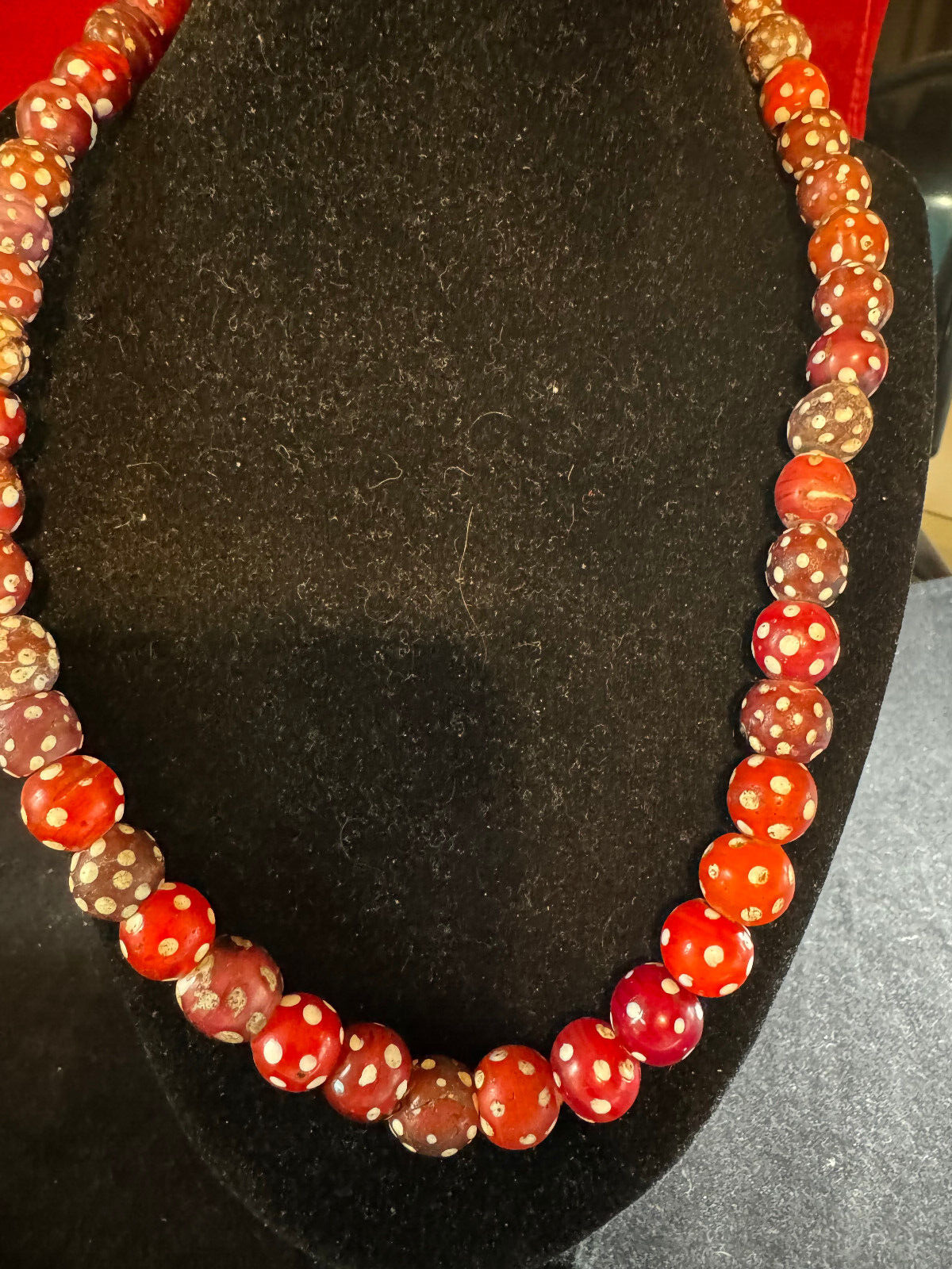 1800's Antique Red and white beaded necklace on rope, Fur trading beads