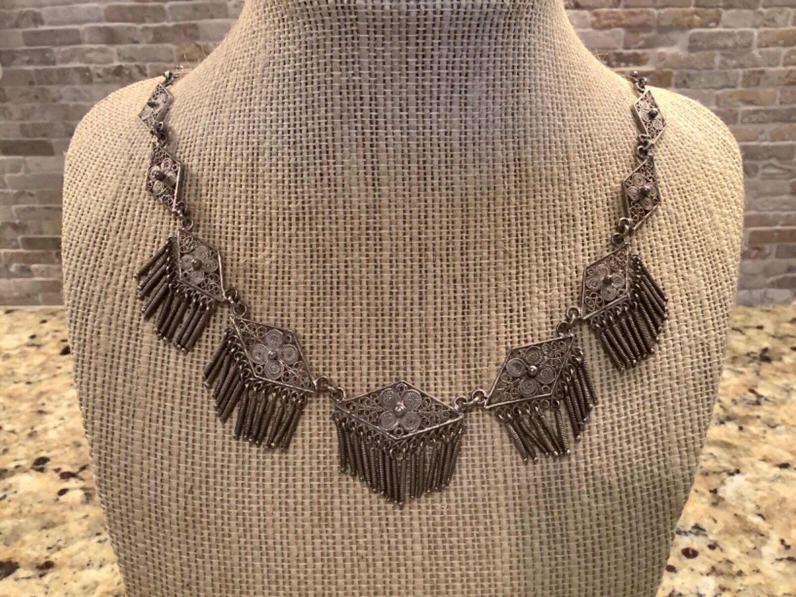 c. 1800s Etruscan Revival Sterling Silver Fringed Cannetille Filigree Necklace