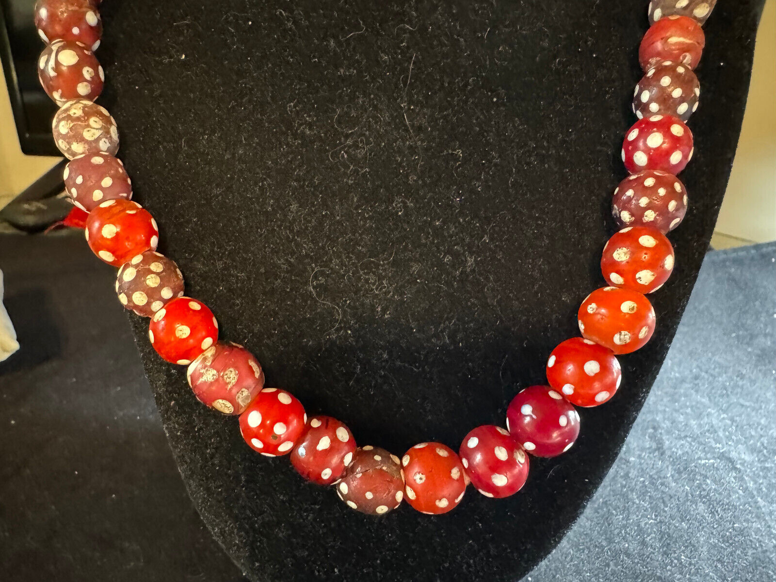 1800's Antique Red and white beaded necklace on rope, Fur trading beads