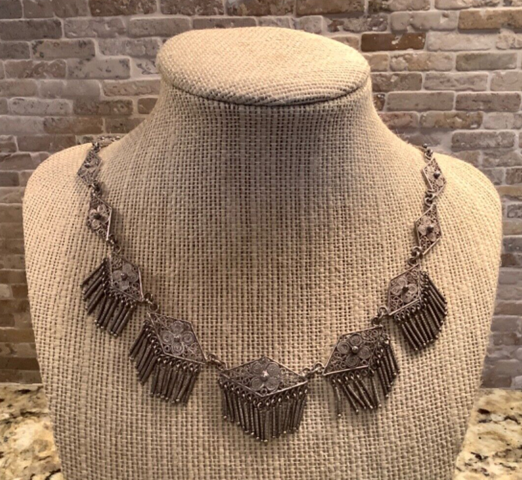 c. 1800s Etruscan Revival Sterling Silver Fringed Cannetille Filigree Necklace