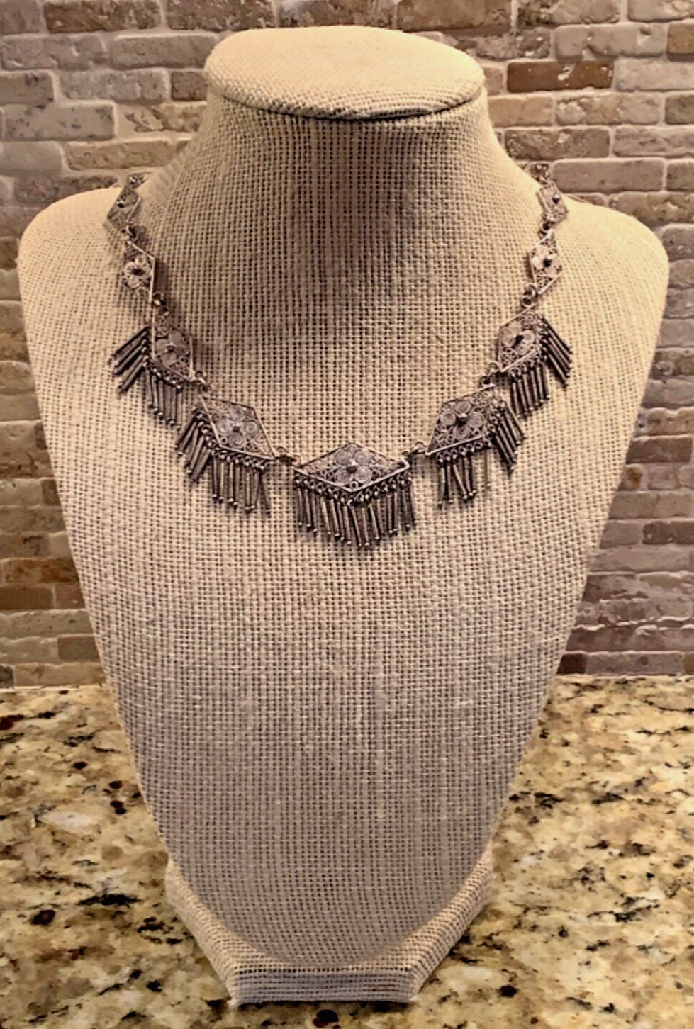 c. 1800s Etruscan Revival Sterling Silver Fringed Cannetille Filigree Necklace