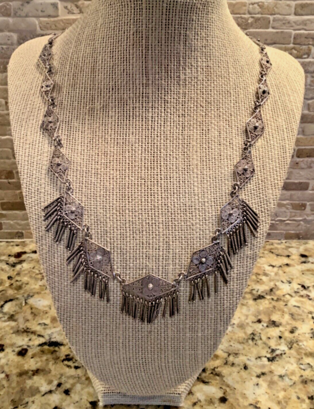 c. 1800s Etruscan Revival Sterling Silver Fringed Cannetille Filigree Necklace