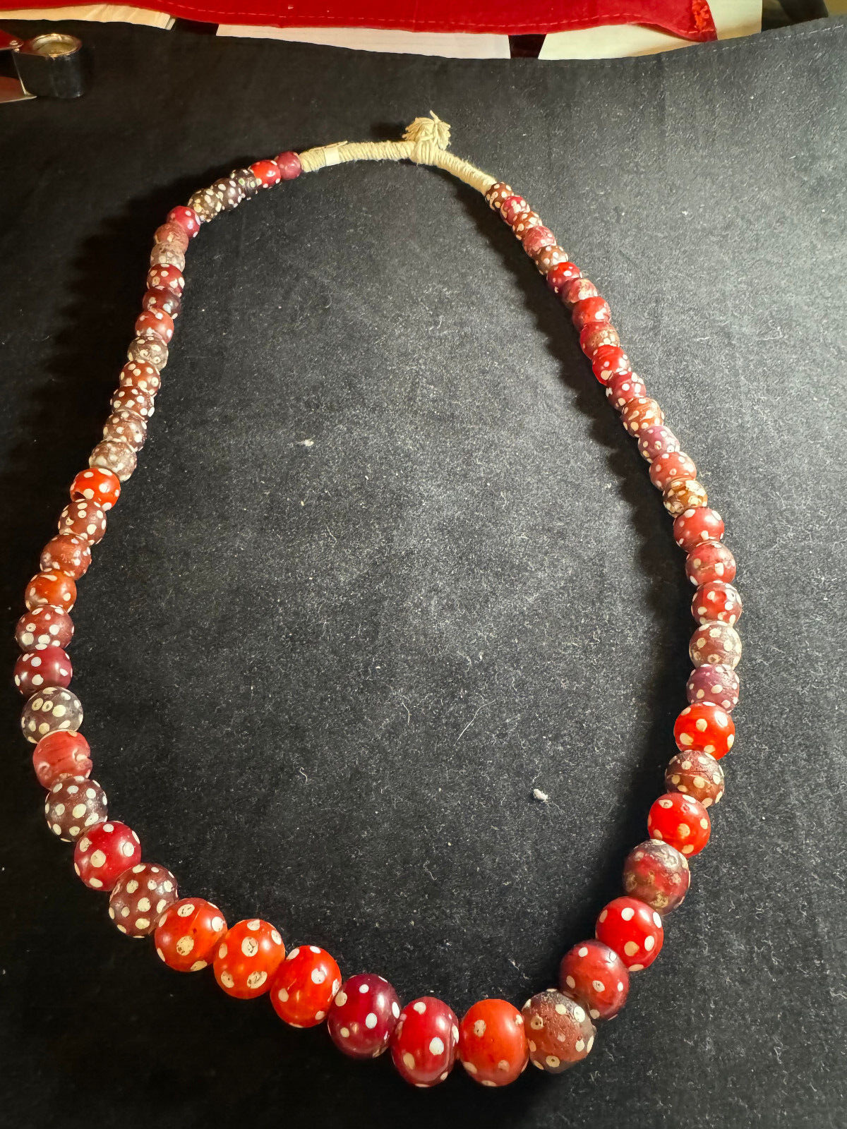 1800's Antique Red and white beaded necklace on rope, Fur trading beads