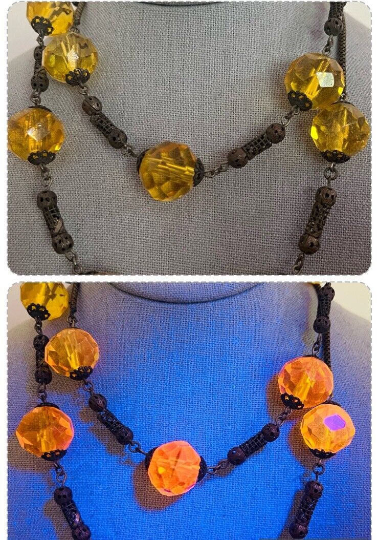 ATQ Victorian MANGANESE URANIUM GLASS Brass Filigree Necklace 1800s Cadmium