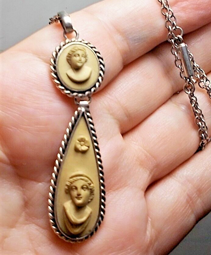 Double 2 1/4" Lava Cameo Necklace 1800s Hand Carved High Relief Classical Greek,