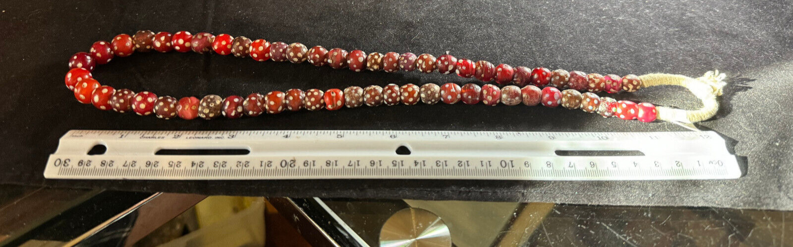 1800's Antique Red and white beaded necklace on rope, Fur trading beads