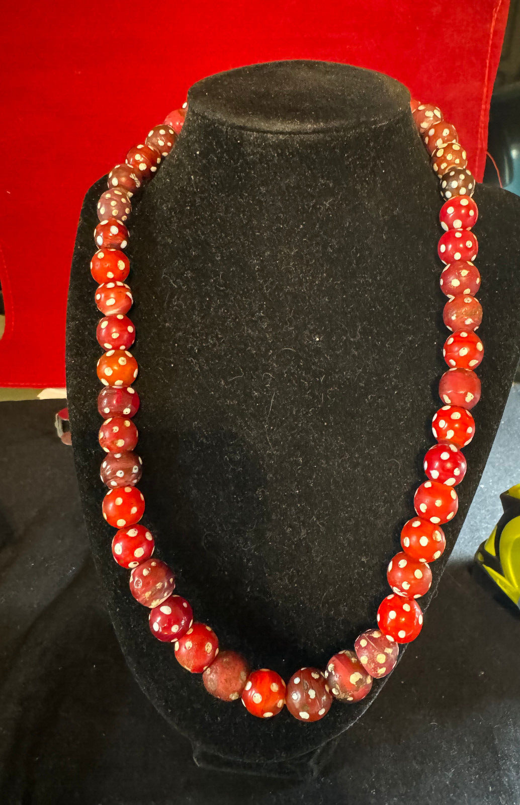 1800's Antique Red and white beaded necklace on rope, Fur trading beads
