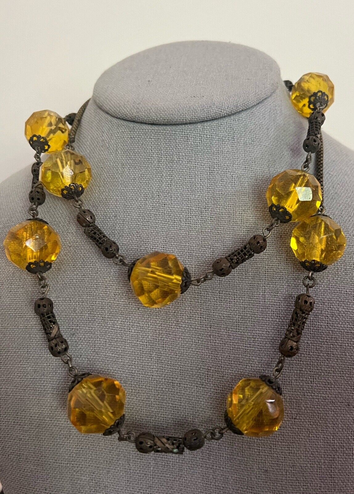 ATQ Victorian MANGANESE URANIUM GLASS Brass Filigree Necklace 1800s Cadmium