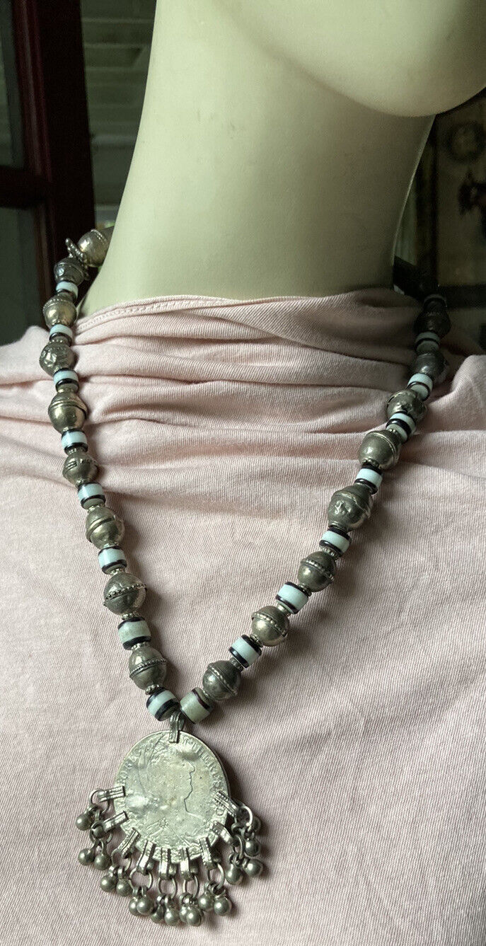 1800'S YEMEN TRIBAL BEDOUIN NECKLACE 1780 AUSTRIAN SILVER THALER COIN GLASS BEAD