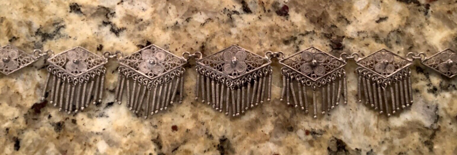 c. 1800s Etruscan Revival Sterling Silver Fringed Cannetille Filigree Necklace