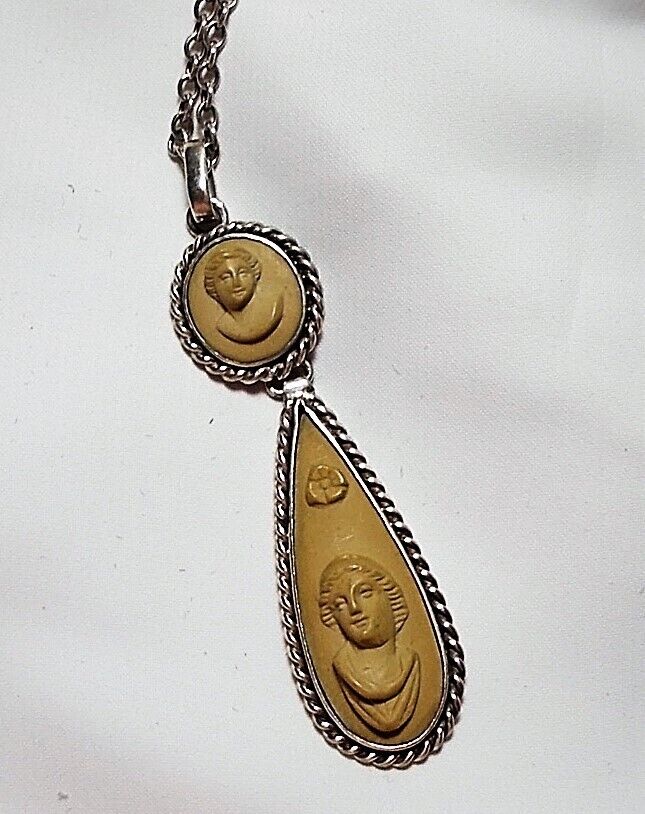 Double 2 1/4" Lava Cameo Necklace 1800s Hand Carved High Relief Classical Greek,