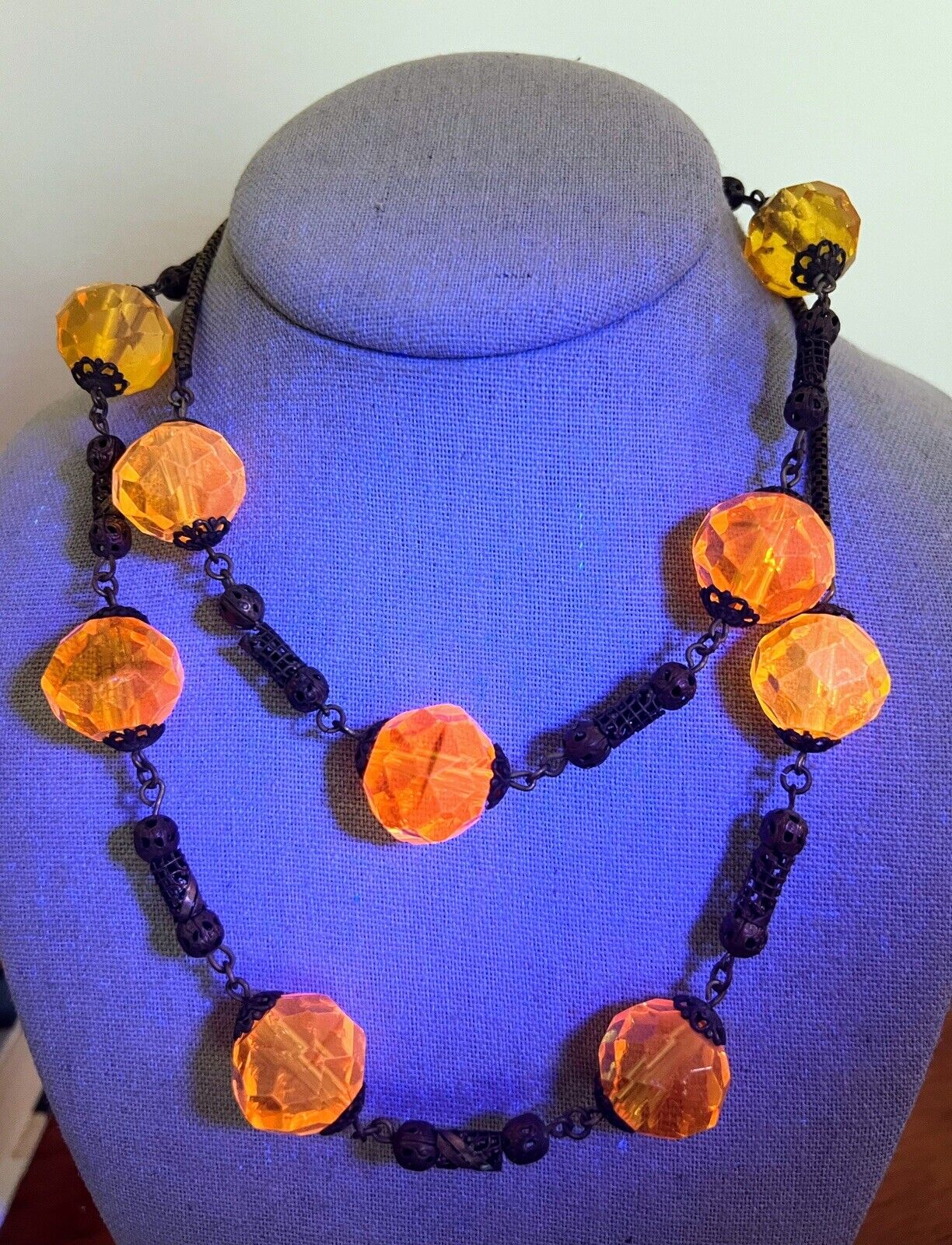 ATQ Victorian MANGANESE URANIUM GLASS Brass Filigree Necklace 1800s Cadmium