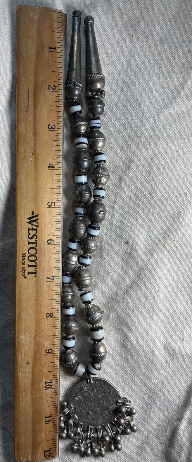 1800'S YEMEN TRIBAL BEDOUIN NECKLACE 1780 AUSTRIAN SILVER THALER COIN GLASS BEAD