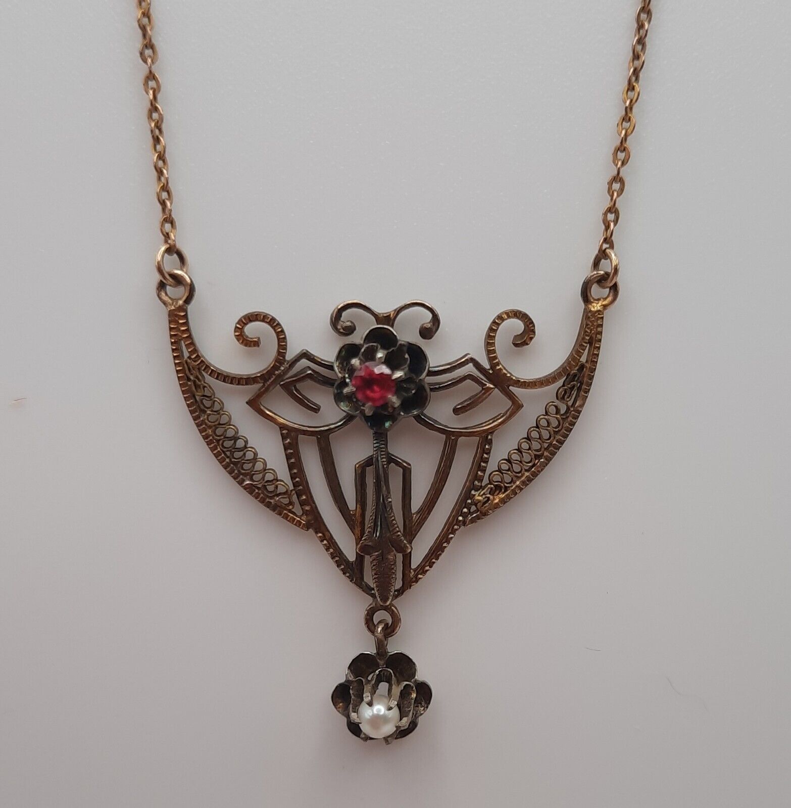 Delicate 1800s GF Batwing Necklace With Pigeon Blood Ruby