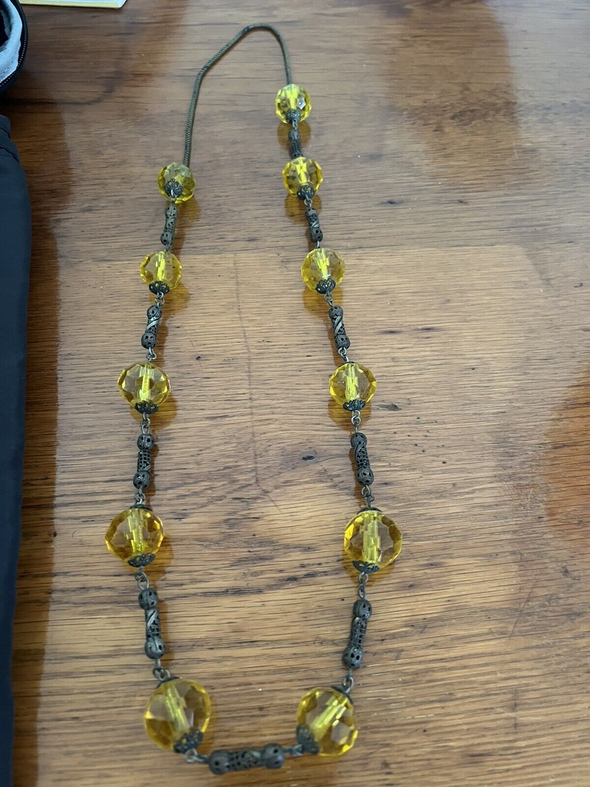 ATQ Victorian MANGANESE URANIUM GLASS Brass Filigree Necklace 1800s Cadmium