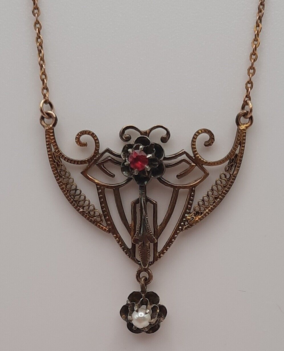 Delicate 1800s GF Batwing Necklace With Pigeon Blood Ruby