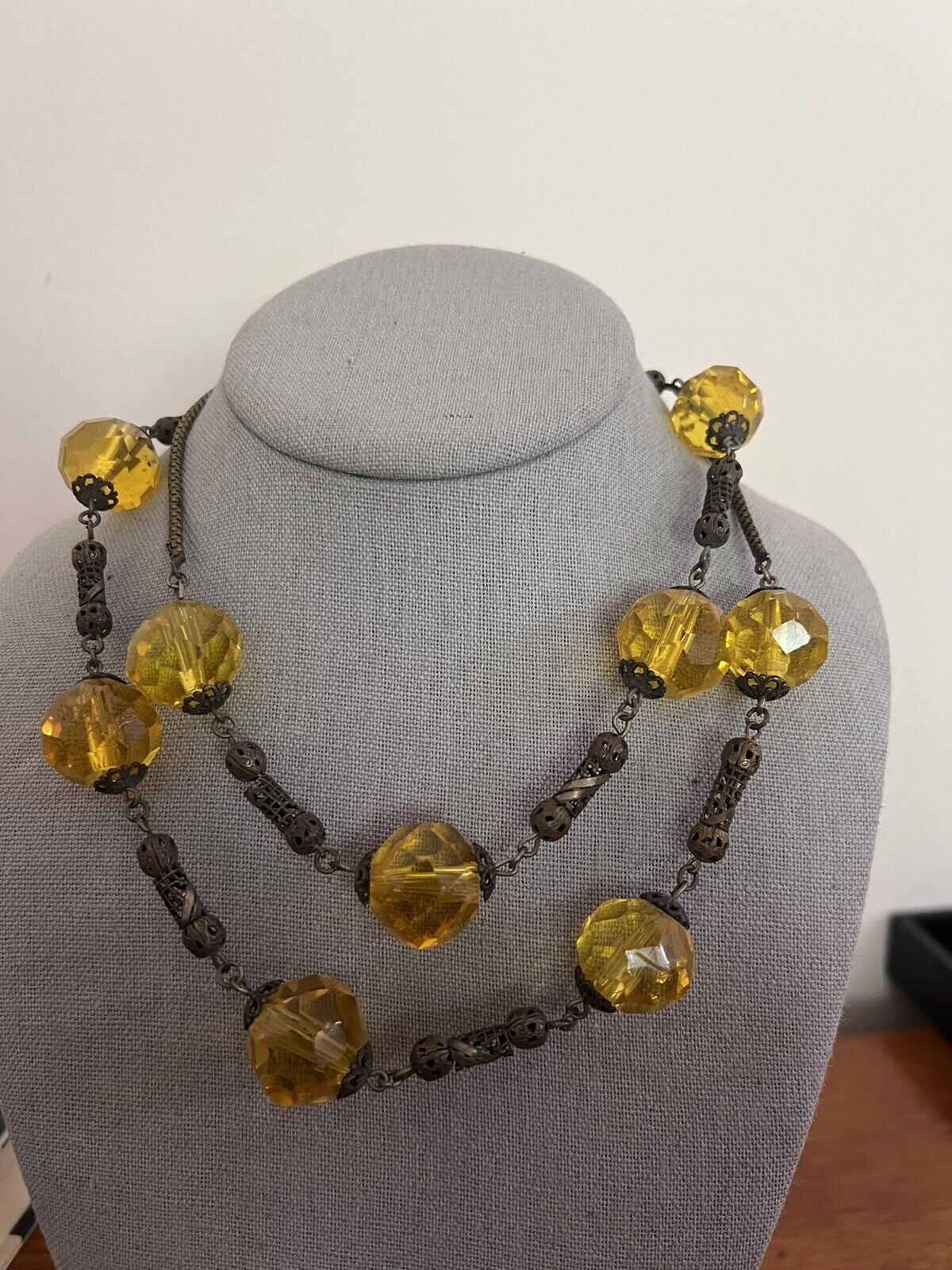 ATQ Victorian MANGANESE URANIUM GLASS Brass Filigree Necklace 1800s Cadmium