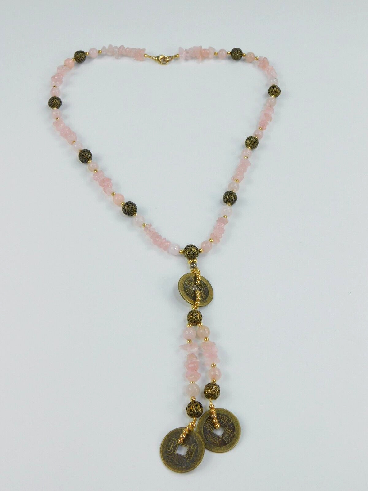 Rose Quartz/Filigree Brass Bead Qianlong Tongbao Boo Chiowan 1700s Coin Necklace
