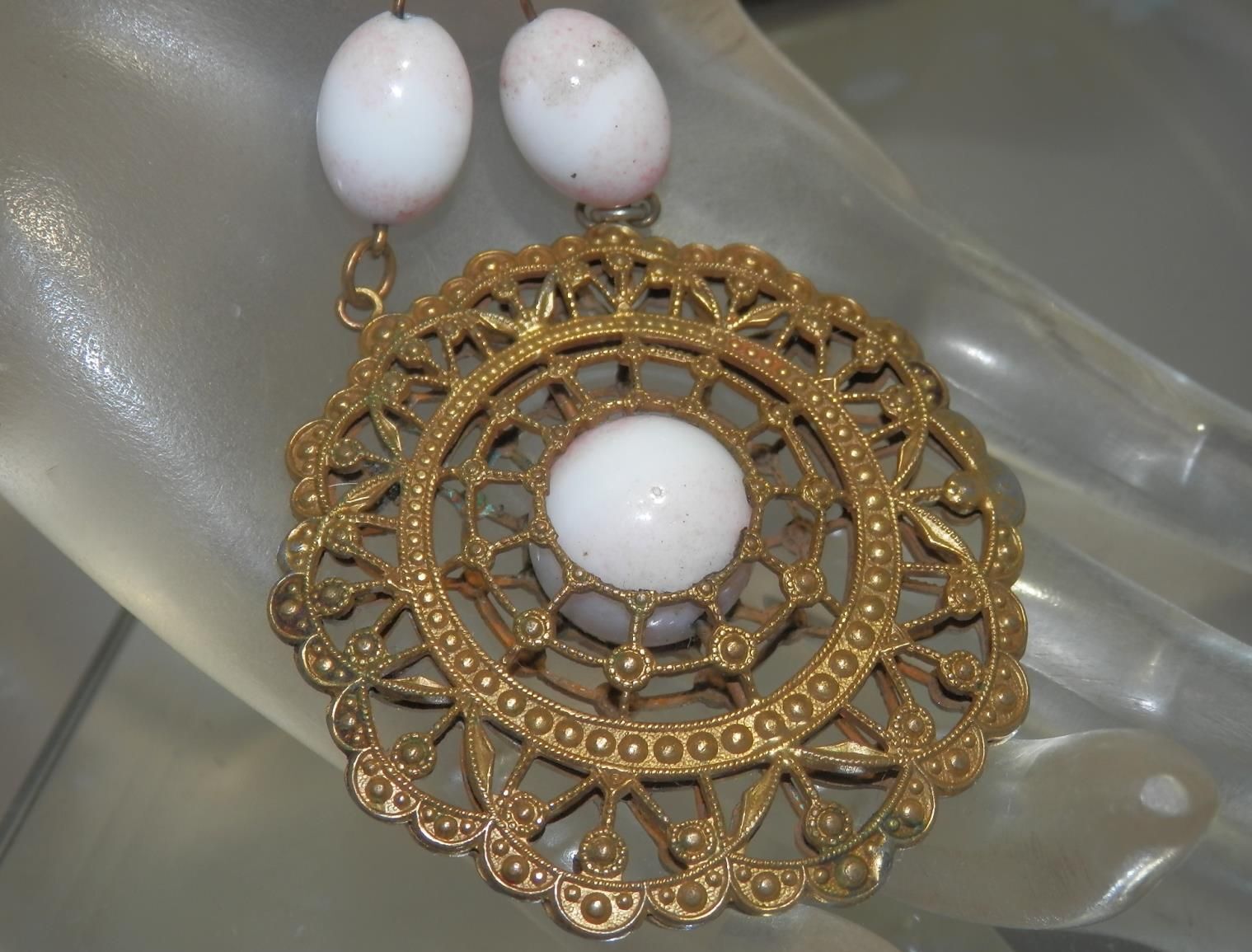 FAB Vintage 1800's Ornate Brass Pink Porcelain Bead Necklace 44N3
