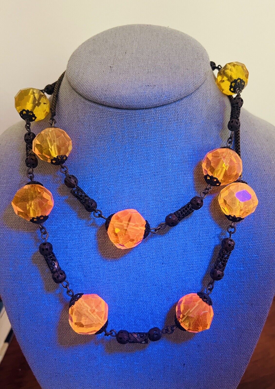 ATQ Victorian MANGANESE URANIUM GLASS Brass Filigree Necklace 1800s Cadmium