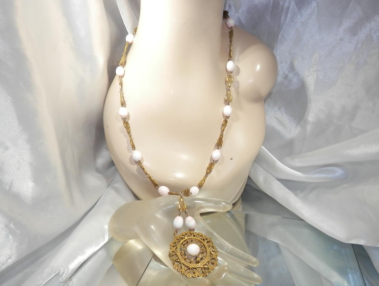 FAB Vintage 1800's Ornate Brass Pink Porcelain Bead Necklace 44N3