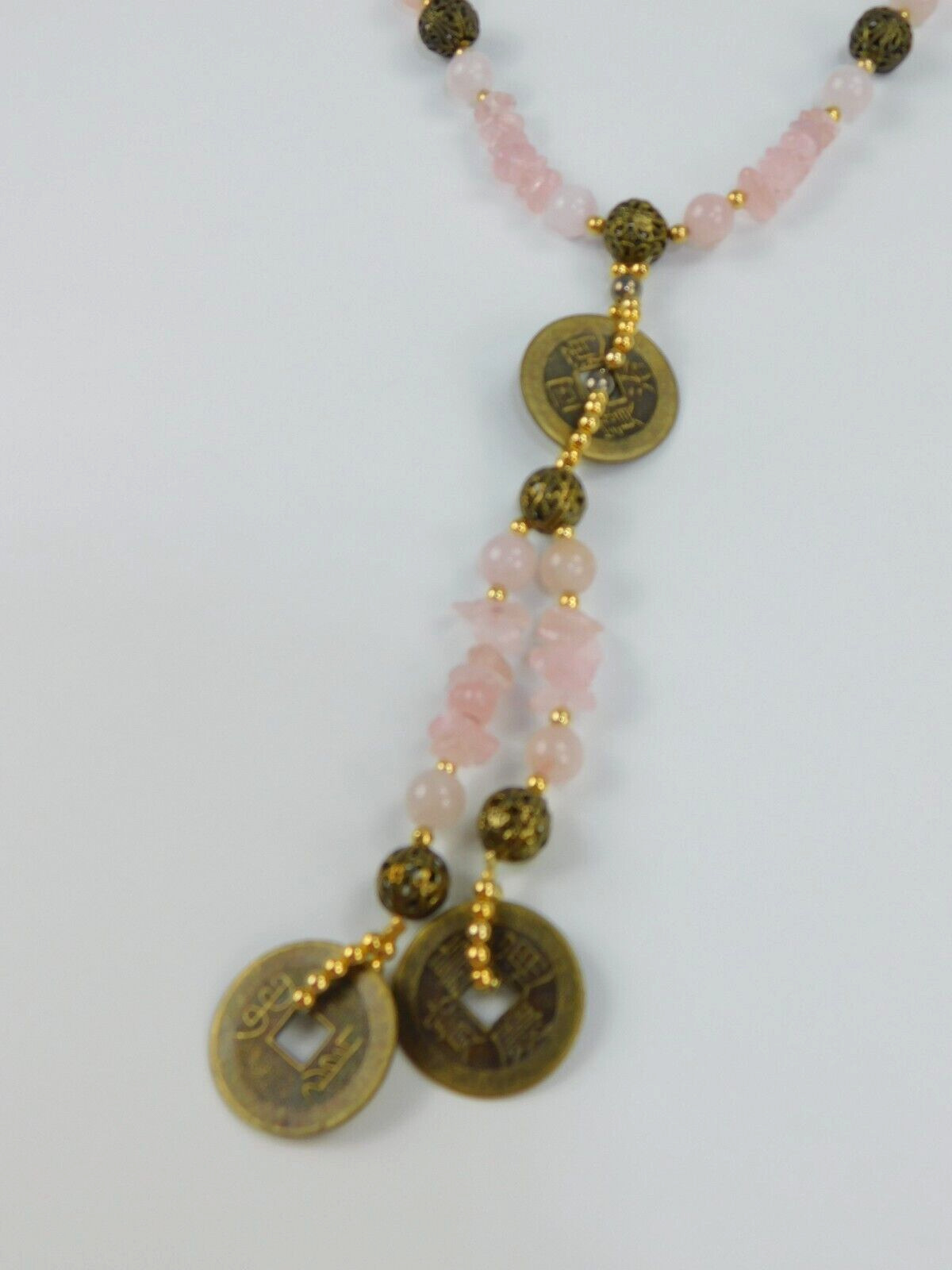 Rose Quartz/Filigree Brass Bead Qianlong Tongbao Boo Chiowan 1700s Coin Necklace