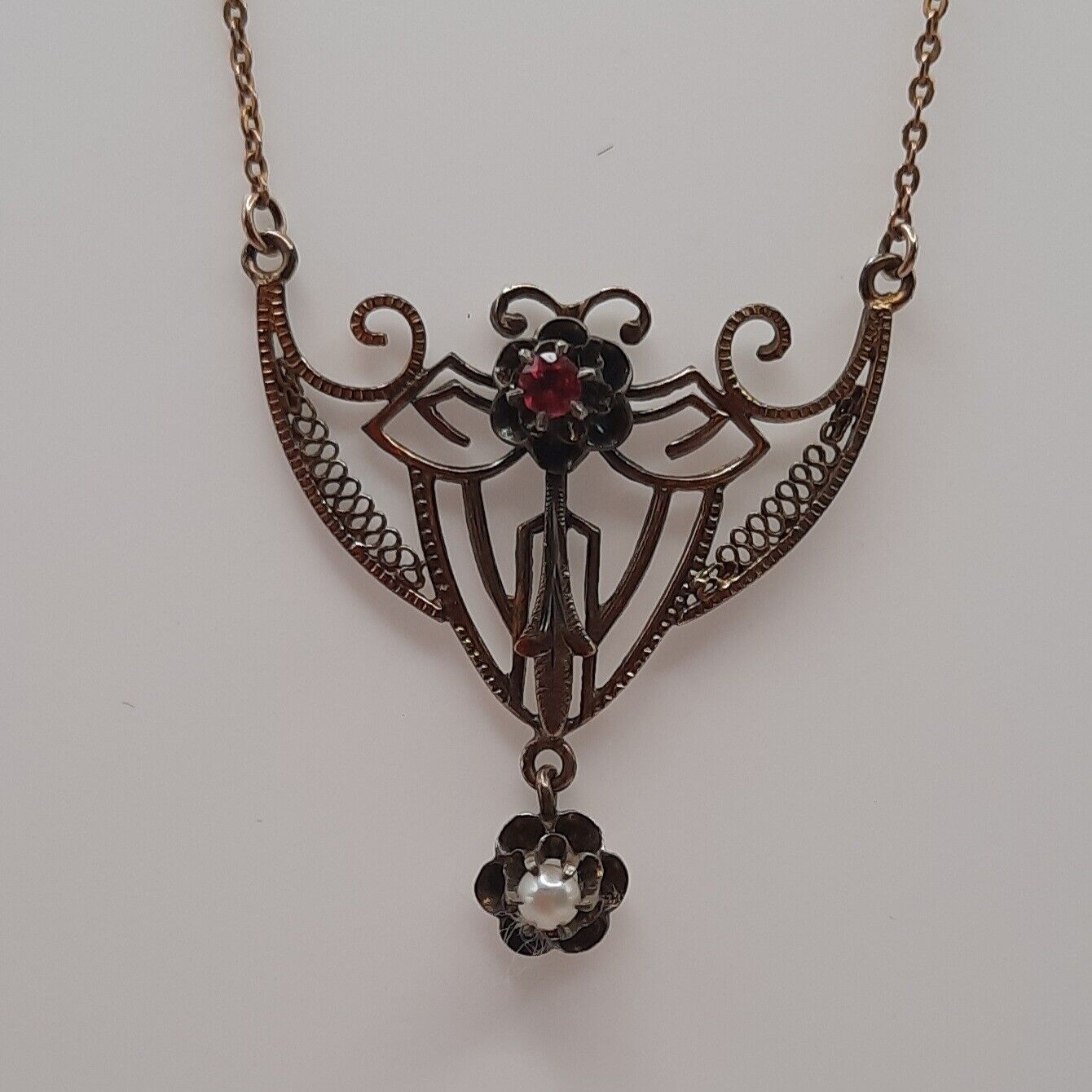 Delicate 1800s GF Batwing Necklace With Pigeon Blood Ruby
