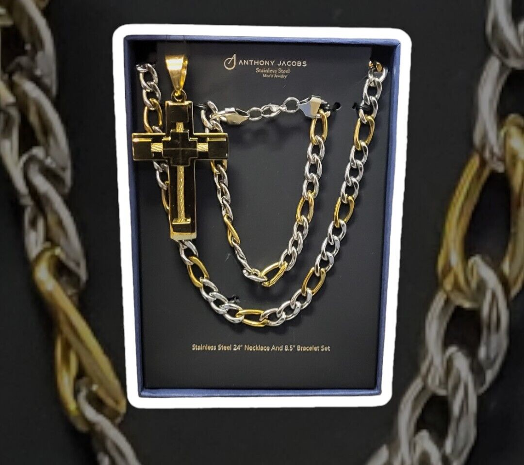 Anthony Jacobs Stainless Steel Men's Jewelry set "Bonus" with Gold Cross.  "NEW"