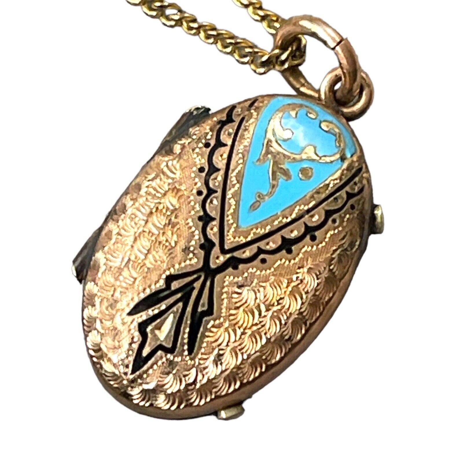 Antique Victorian 1800’s Taille D'epargne Photo Locket Enamel Necklace