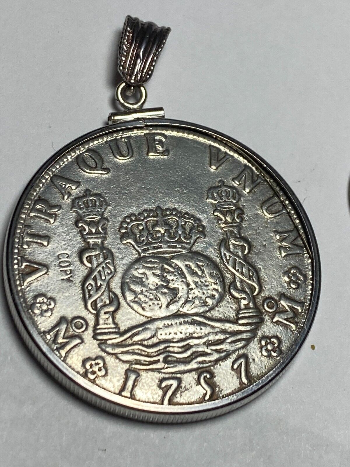 Cool Huge VTG Replica Coin 1700s Mexican Reale Pendant Set in Sterling Silver