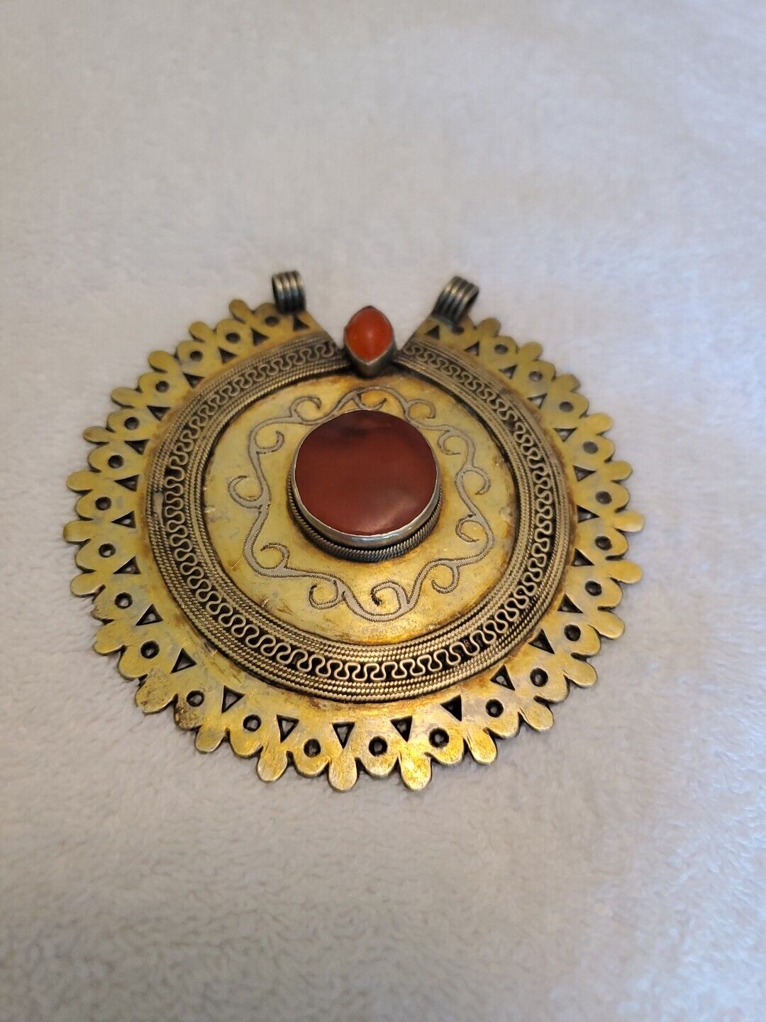 Ant 1800s Turkoman Agate Carnelian Silver Gold Wash Large Pendant Turkmen Tribal