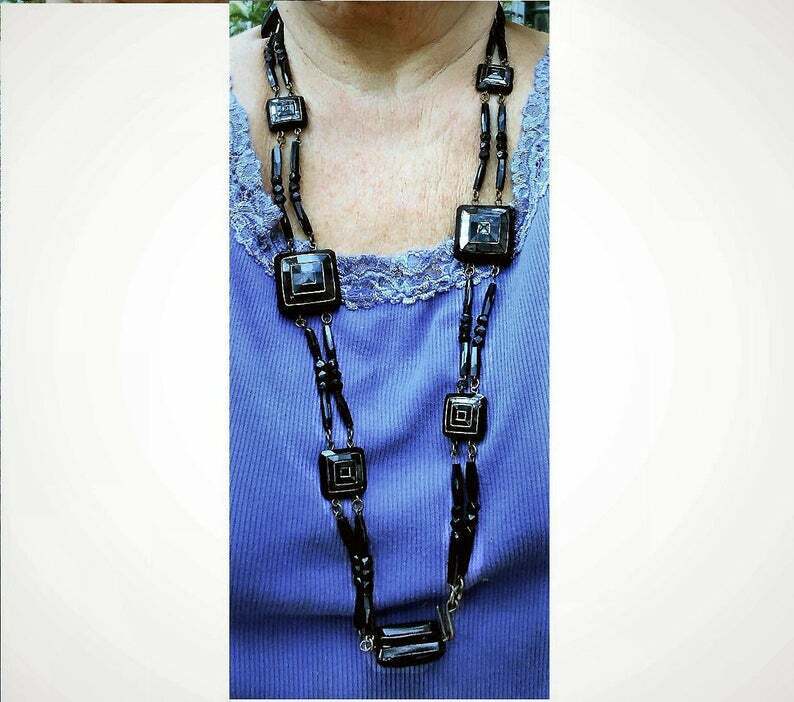 Black Jet Glass 38" necklace/BELT. Victorian 110 Beautiful Beads Handmade 1800s