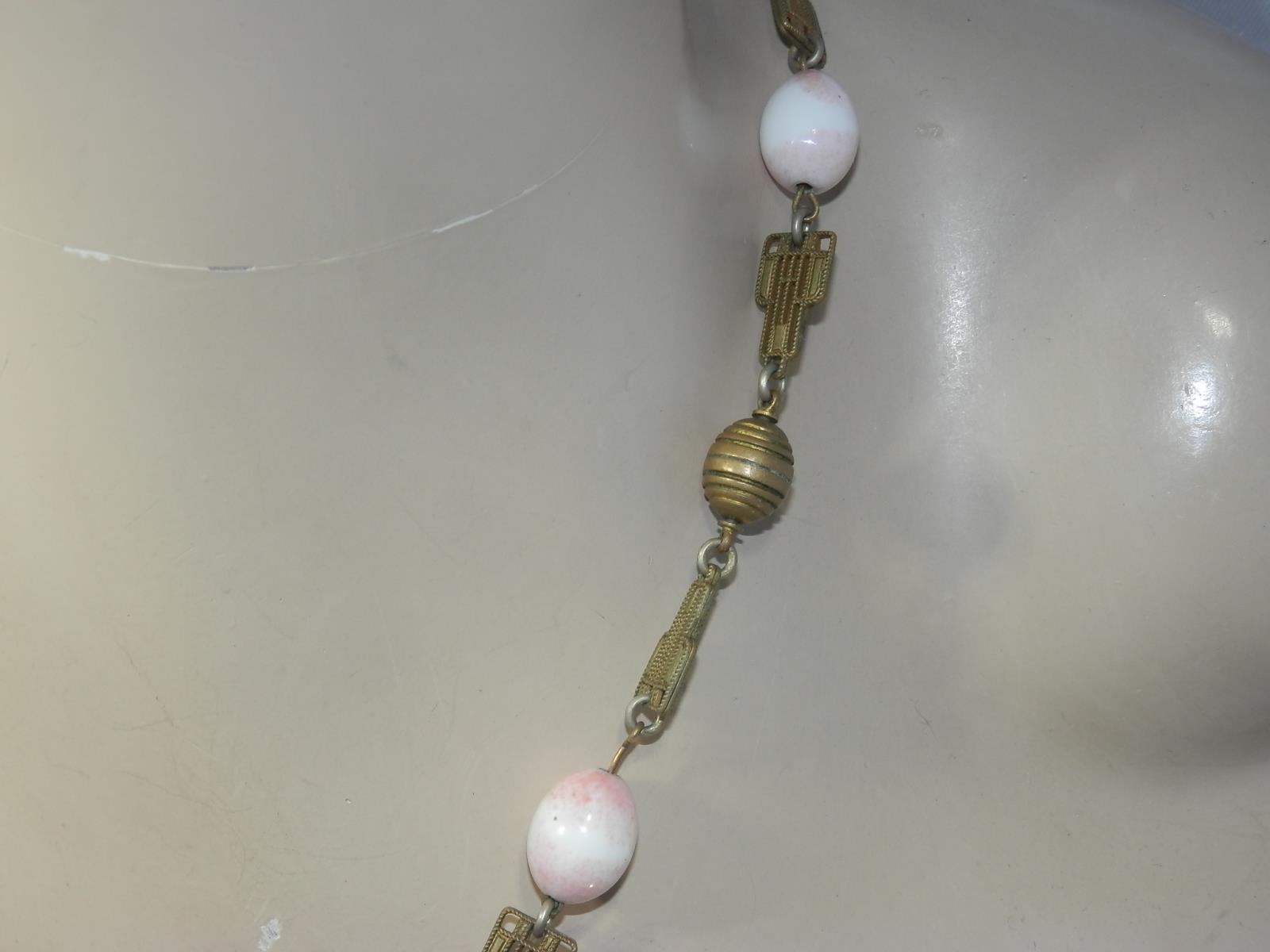 FAB Vintage 1800's Ornate Brass Pink Porcelain Bead Necklace 44N3