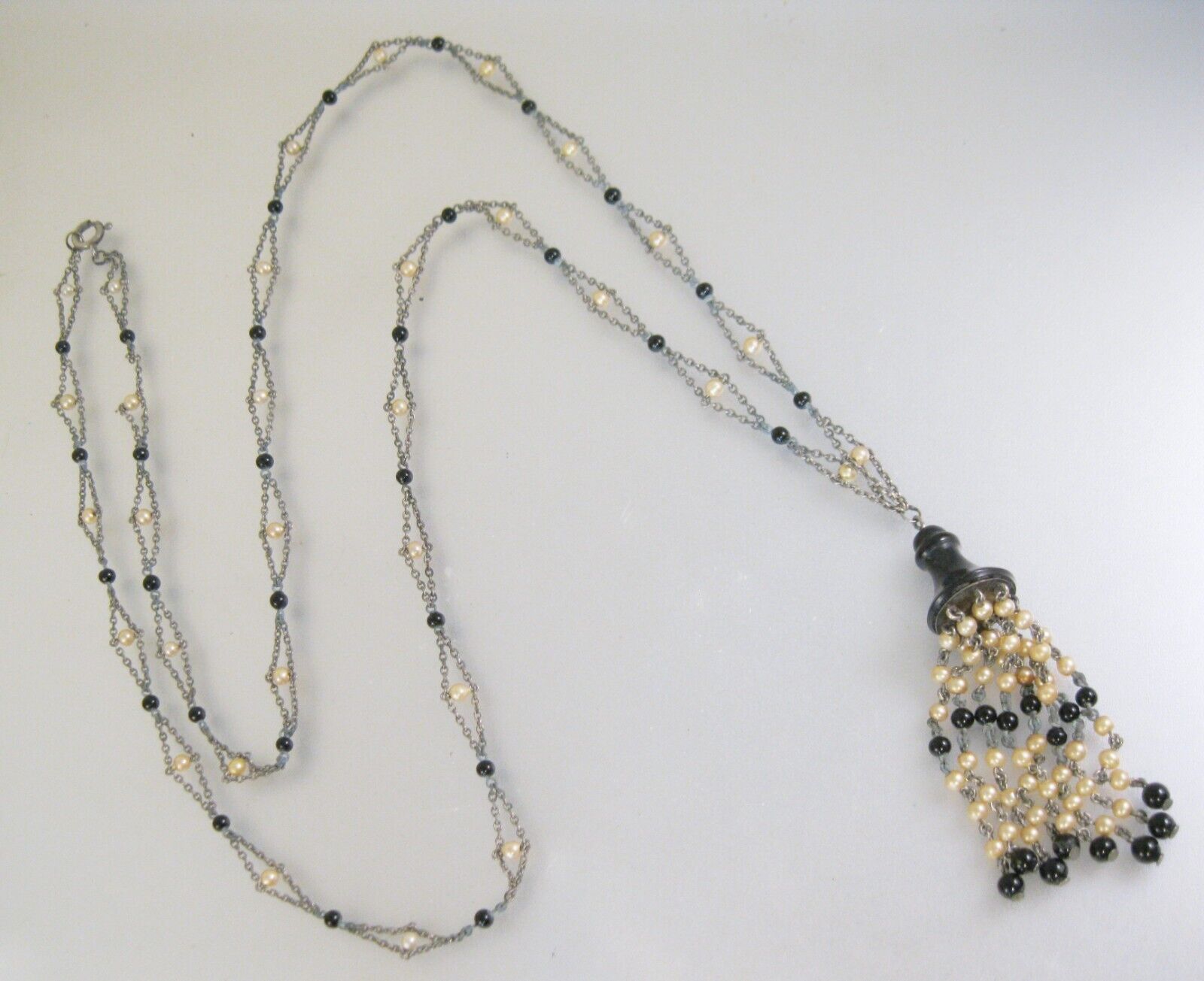 1800s Victorian Black Glass Sautoir Faux Seed Pearl Mourning Necklace w/Tassel