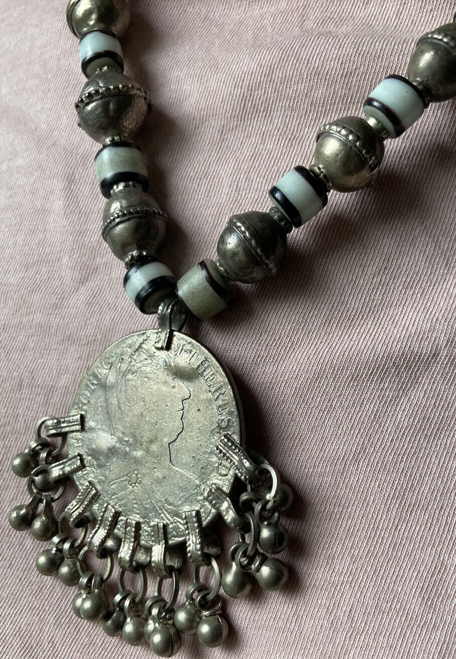 1800'S YEMEN TRIBAL BEDOUIN NECKLACE 1780 AUSTRIAN SILVER THALER COIN GLASS BEAD