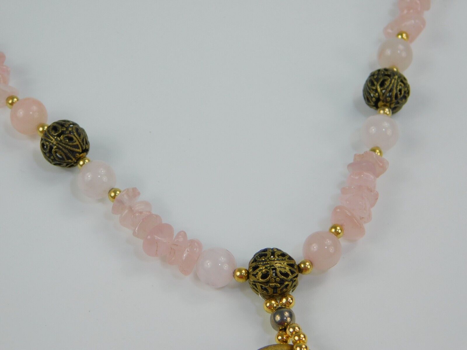 Rose Quartz/Filigree Brass Bead Qianlong Tongbao Boo Chiowan 1700s Coin Necklace
