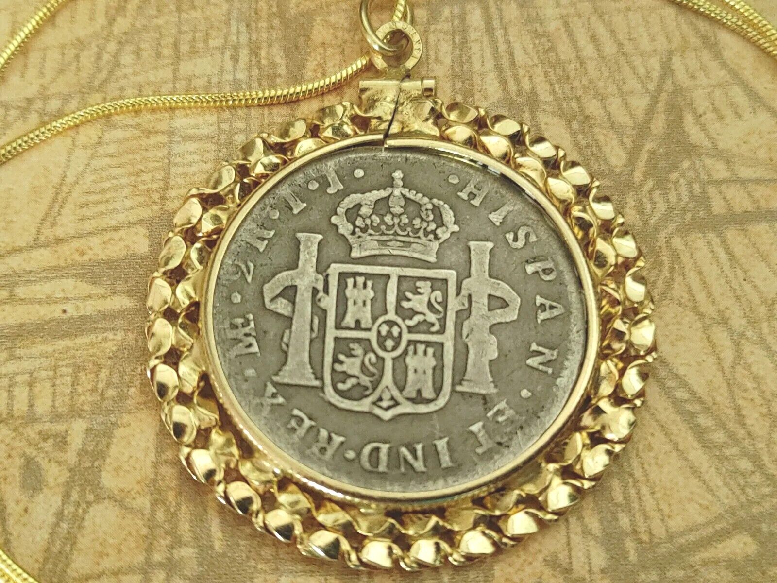  1792 Spanish Peruvia 2Reales Silver Coin Pendant & Gold Filled Chain w COA &Box