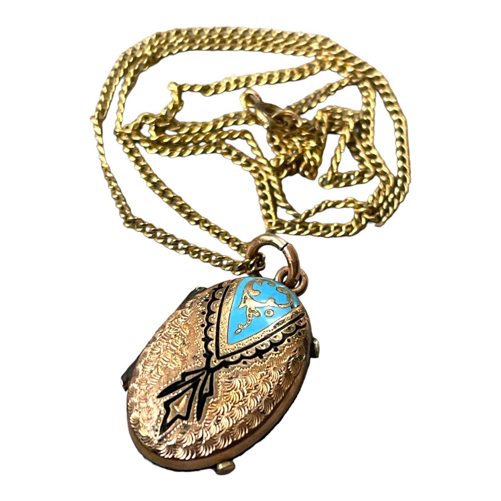 Antique Victorian 1800’s Taille D'epargne Photo Locket Enamel Necklace