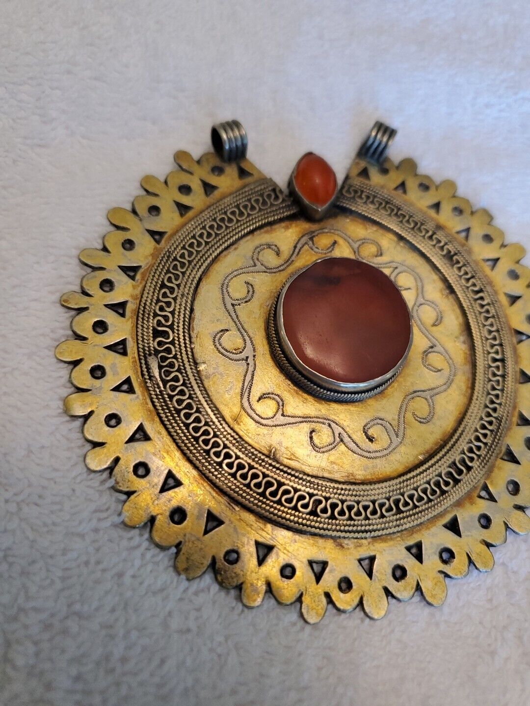 Ant 1800s Turkoman Agate Carnelian Silver Gold Wash Large Pendant Turkmen Tribal