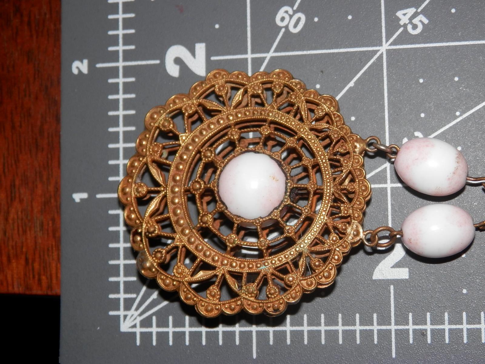 FAB Vintage 1800's Ornate Brass Pink Porcelain Bead Necklace 44N3