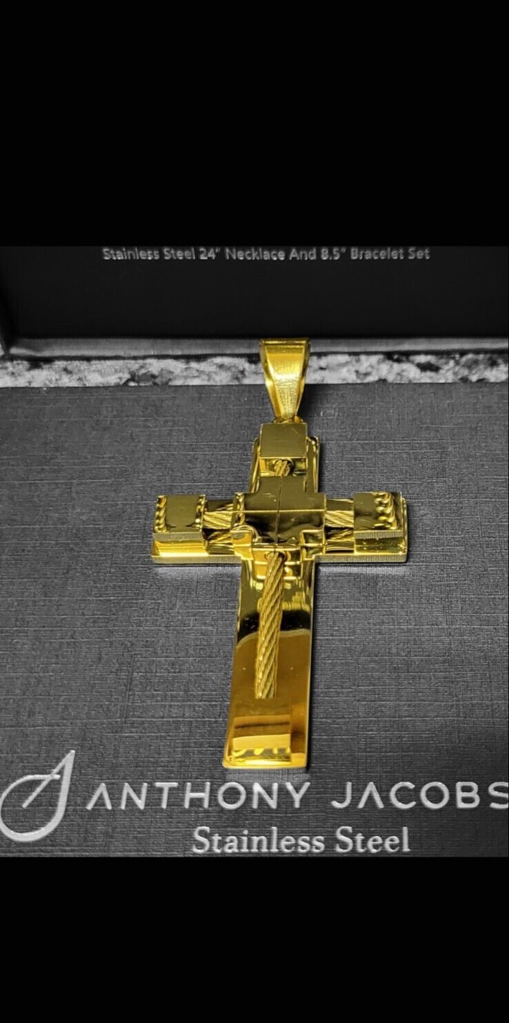 Anthony Jacobs Stainless Steel Men's Jewelry set "Bonus" with Gold Cross.  "NEW"