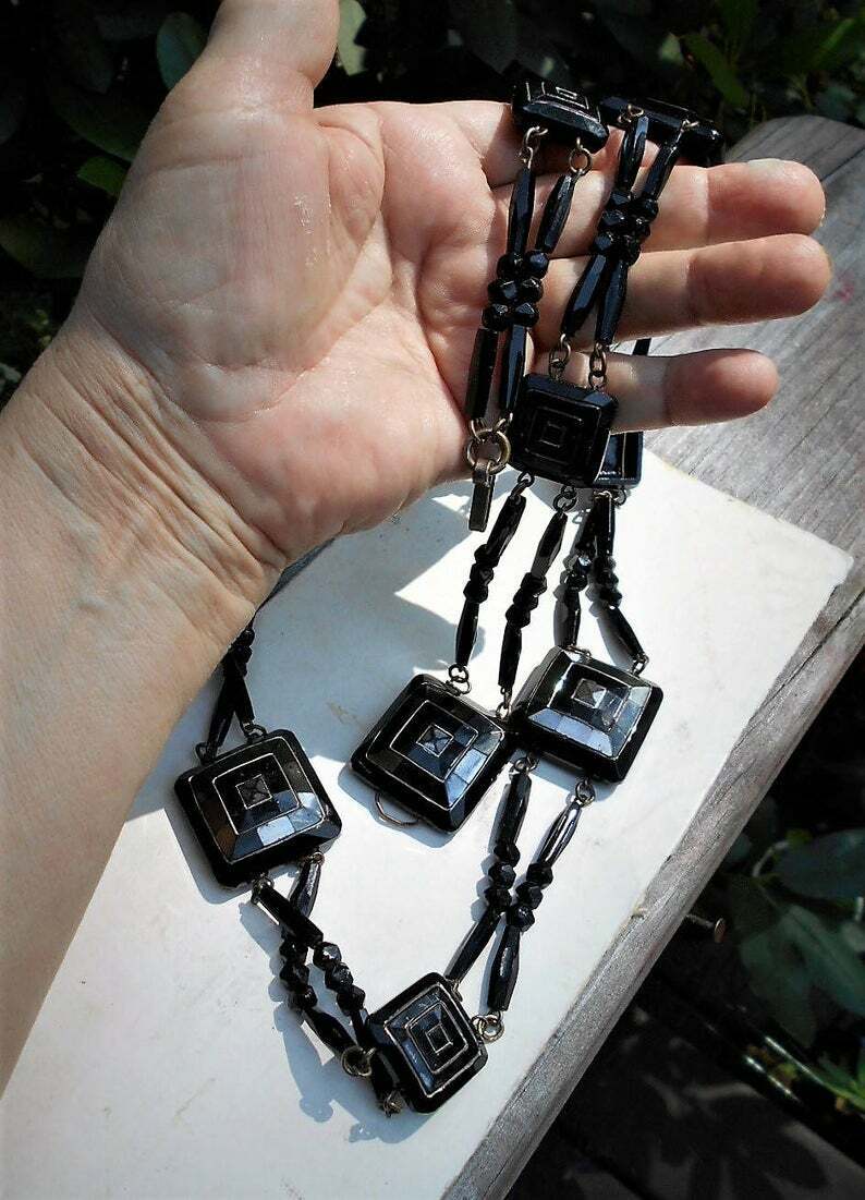 Black Jet Glass 38" necklace/BELT. Victorian 110 Beautiful Beads Handmade 1800s
