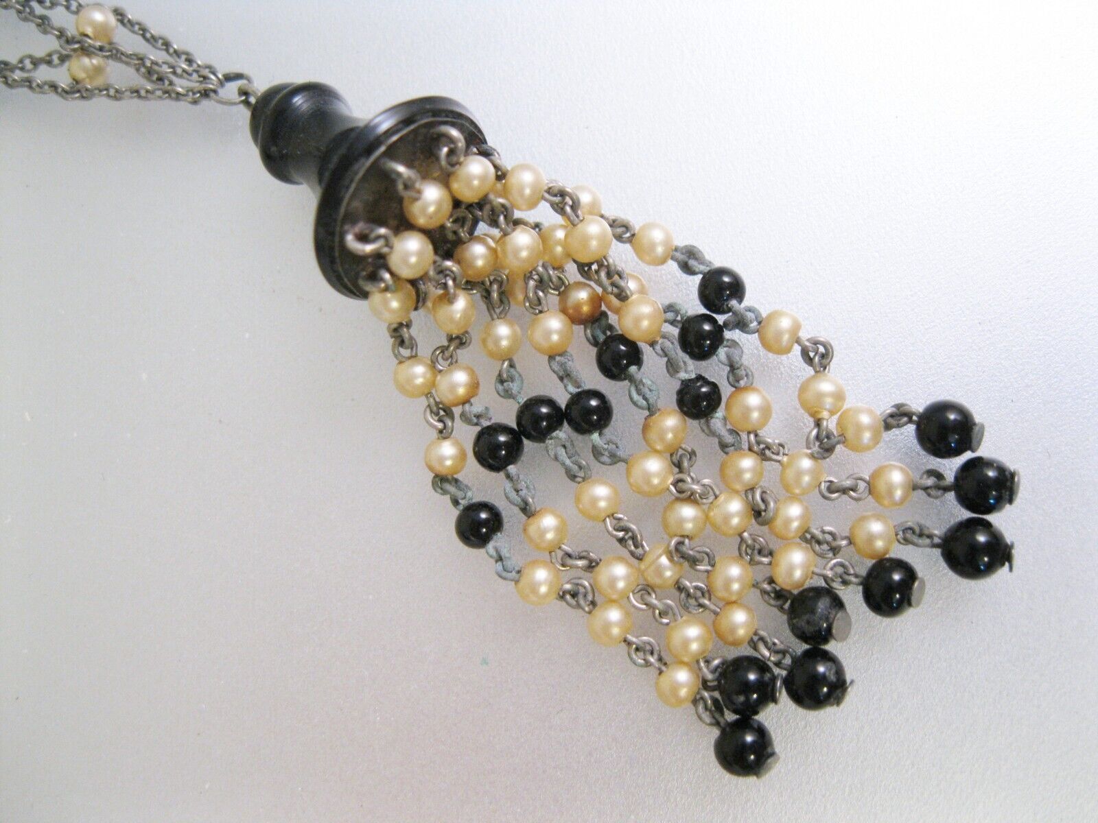 1800s Victorian Black Glass Sautoir Faux Seed Pearl Mourning Necklace w/Tassel