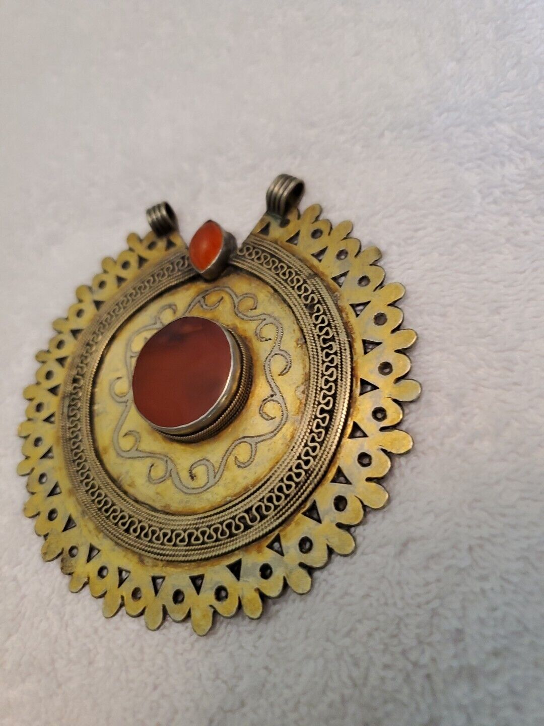 Ant 1800s Turkoman Agate Carnelian Silver Gold Wash Large Pendant Turkmen Tribal