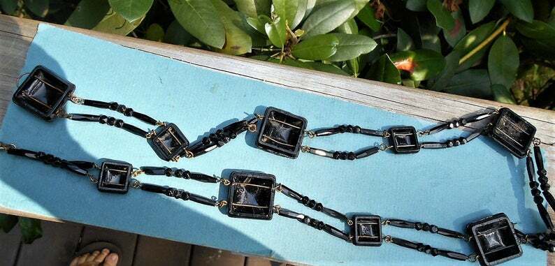 Black Jet Glass 38" necklace/BELT. Victorian 110 Beautiful Beads Handmade 1800s