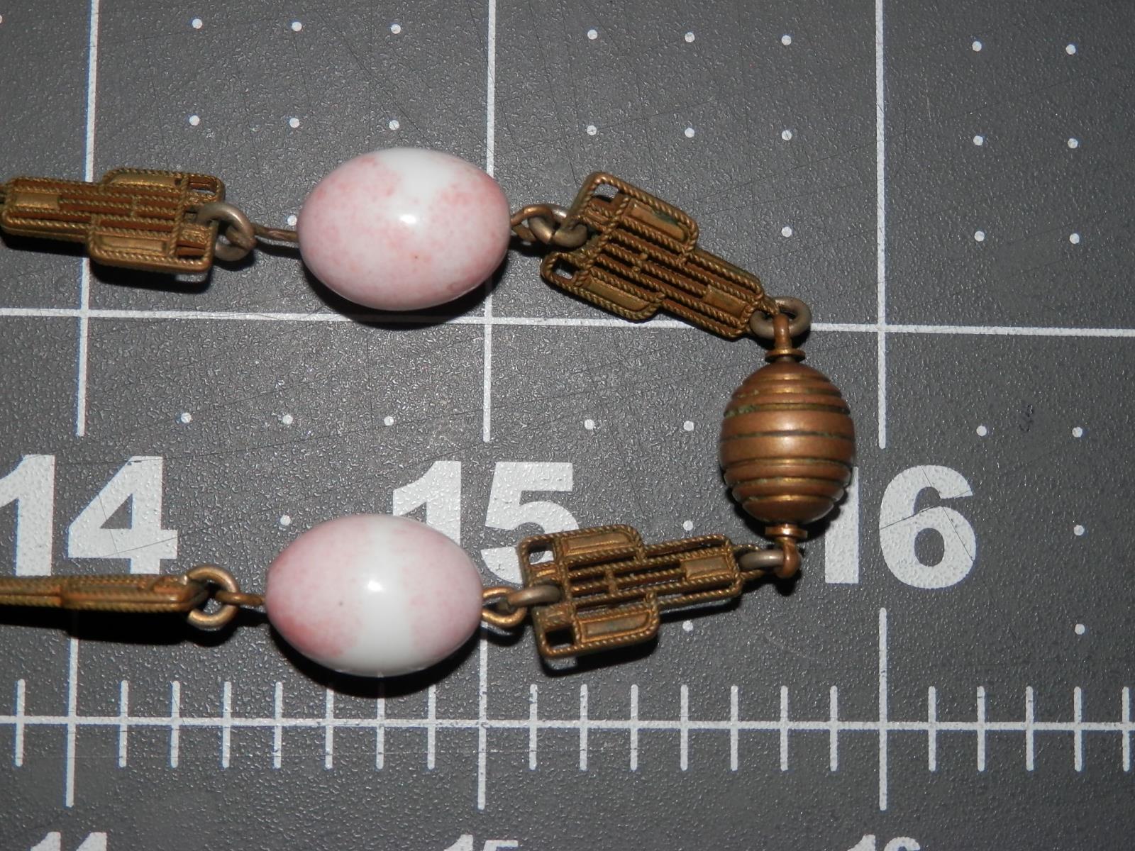 FAB Vintage 1800's Ornate Brass Pink Porcelain Bead Necklace 44N3