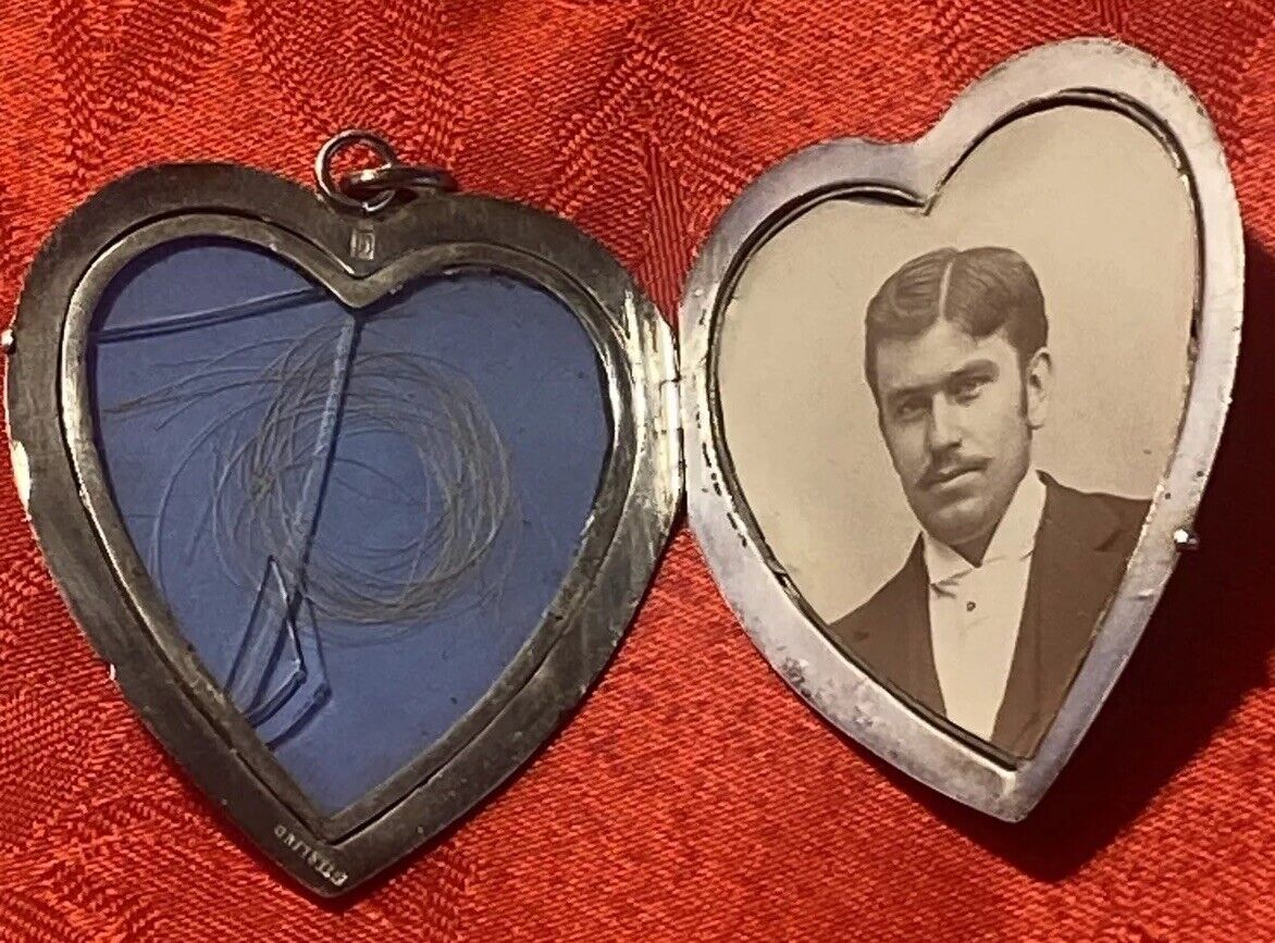 Victorian Antique 1800's Locket Mourning Necklace Photo/Hair Monogram BIG HEART