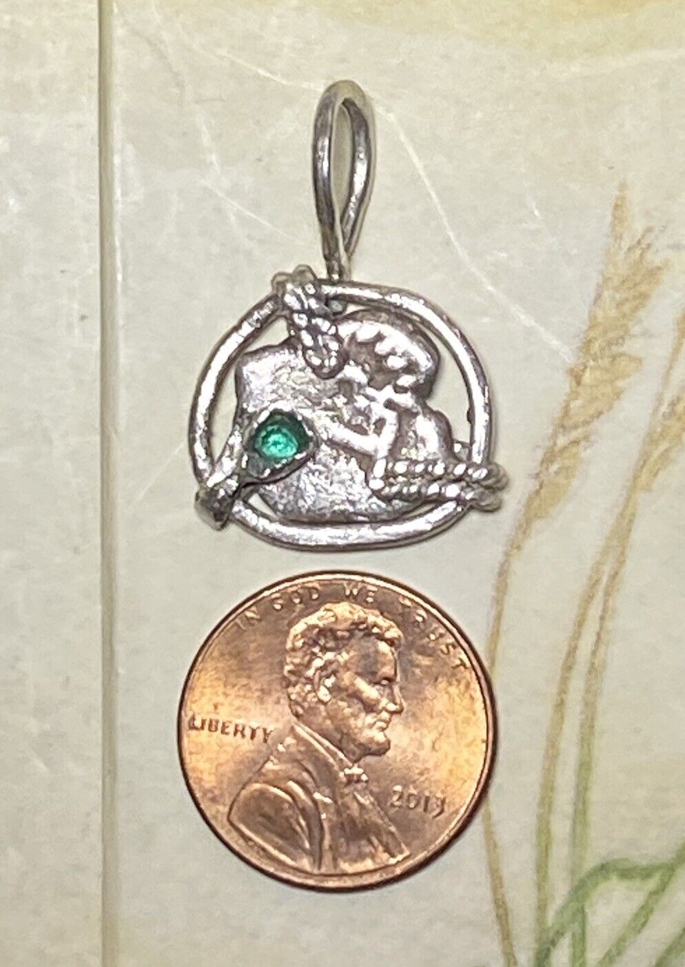 Authentic Spanish-Colonial 1/2-Real Silver Shipwreck Cob Coin Pendant w/ Emerald