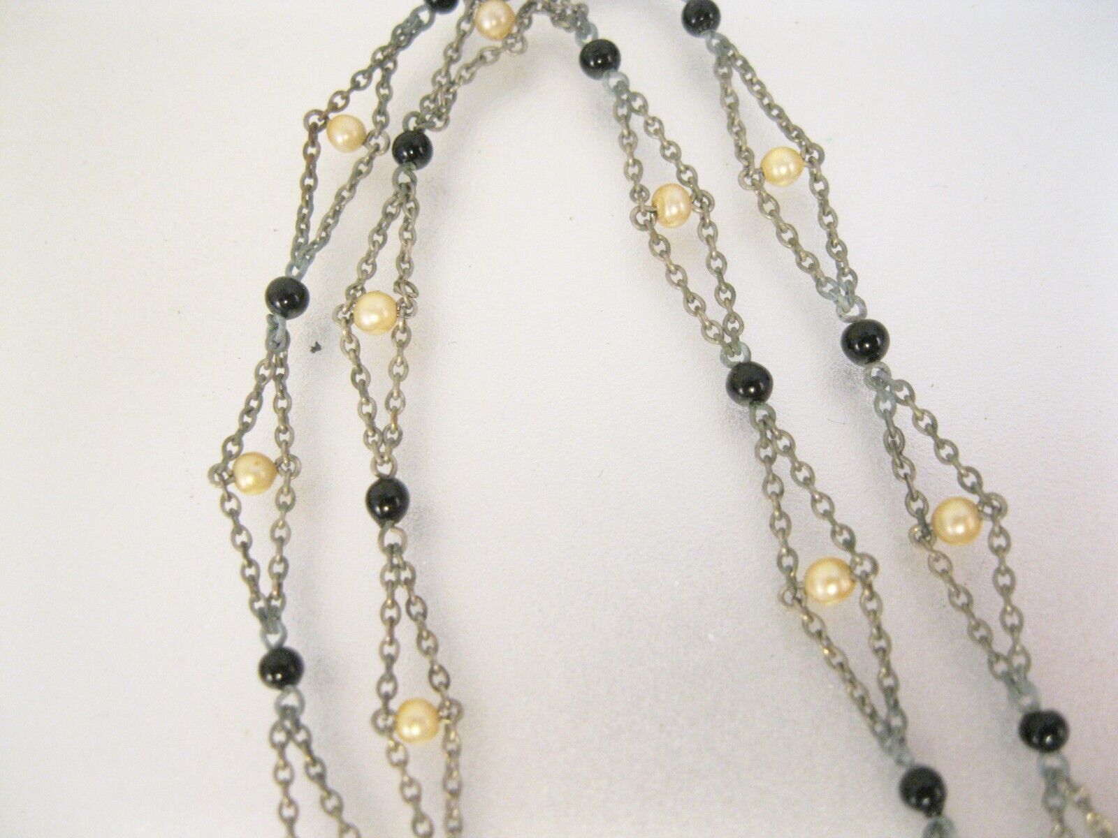 1800s Victorian Black Glass Sautoir Faux Seed Pearl Mourning Necklace w/Tassel